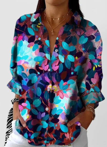 Shawl Collar Long Sleeve Leaf Regular Loose Shirt For Women