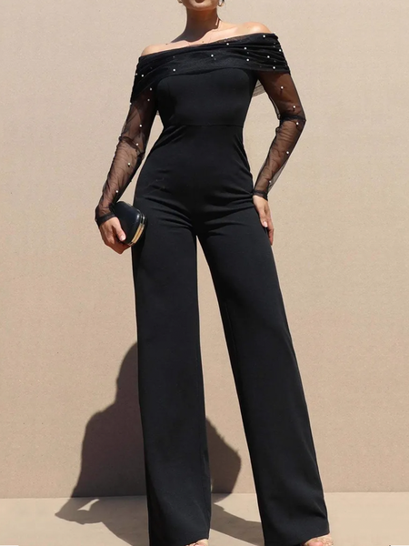 

Elegant Plain Cold Shoulder Jumpsuit, Black, Jumpsuits