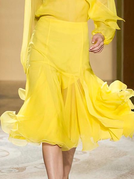 

Elegant Side-Slit Plain Midi Skirt, Yellow, Skirts