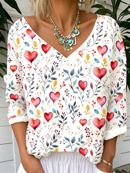 

Vintage Floral V Neck Long Sleeve T-shirt, Red, T-shirts