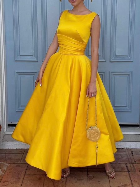 

Elegant Plain Crew Neck Party Maxi Dress, Yellow, Cocktail Dresses