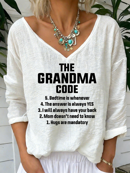 

Vintage Letter Pattern V Neck Long Sleeve T-shirt, White, T-shirts