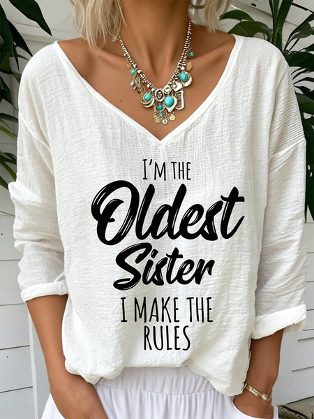 

Vintage Letter Pattern V Neck Long Sleeve T-shirt, White, T-shirts