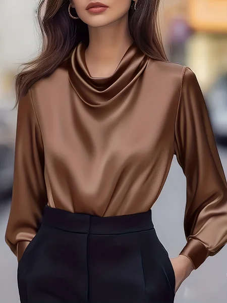 

Cowl Neck Long Sleeve Plain Regular Loose Shirt For Women, Coffee, Shirts