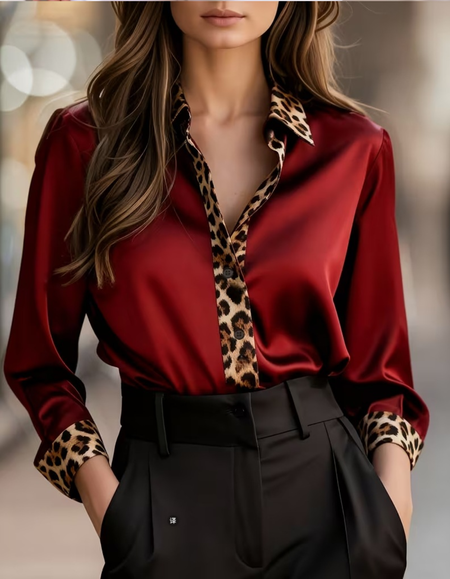 

Shawl Collar Long Sleeve Color Block Regular Loose Shirt For Women, Red, Shirts