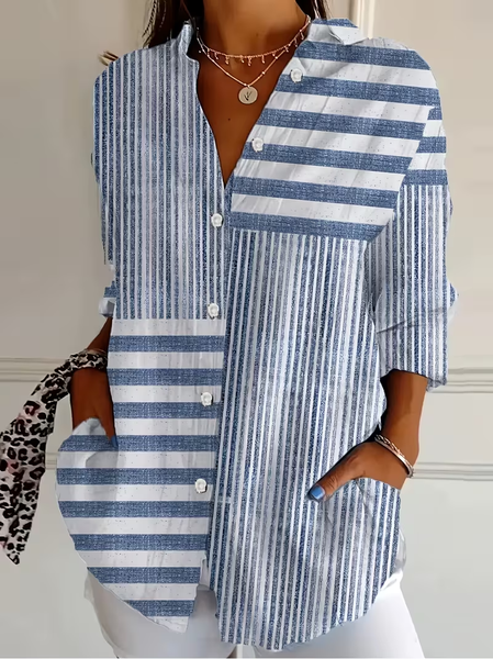

Women Striped Shirt Collar Long Sleeve Shirt Buckle Regular Sleeve Casual Daily Spring/Fall Top, Blue, Shirts