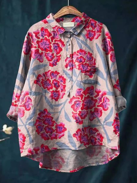 

Shawl Collar Long Sleeve Floral Regular Loose Shirt For Women, Pink, Shirts