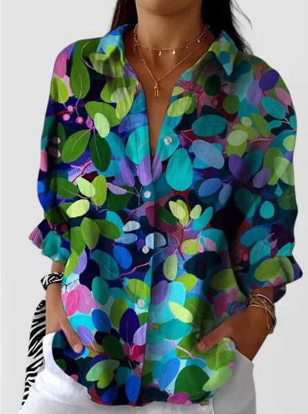 

Shawl Collar Long Sleeve Floral Regular Loose Shirt For Women, Green, Shirts