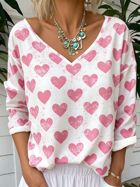 

Vintage Heart/Cordate V Neck Long Sleeve T-shirt, Color3, T-shirts