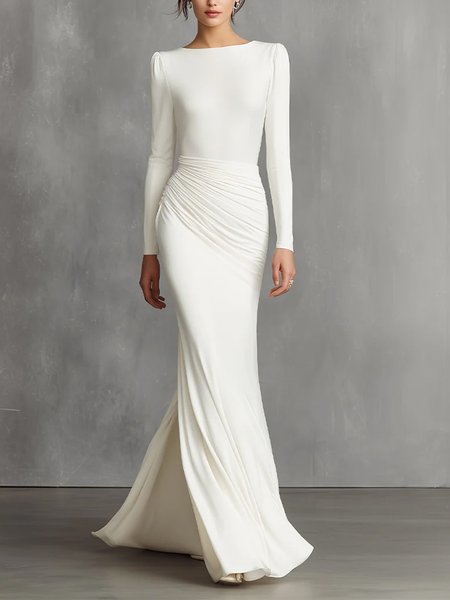 

Elegant Plain Puff Sleeve Ruched Boat Neck Party Maxi Dress, White, Cocktail Dresses