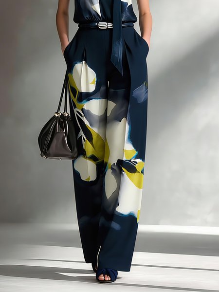 

Urban Floral Printing Wide Leg Pants, As picture, Pants