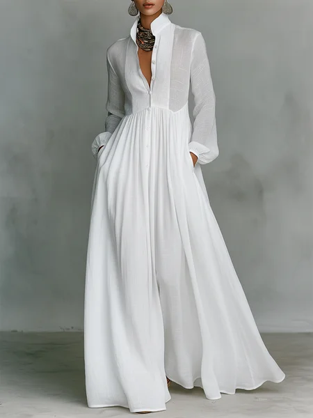 

Cotton And Linen Casual Plain Ruched Stand Collar Maxi Dress, White, Maxi Dresses