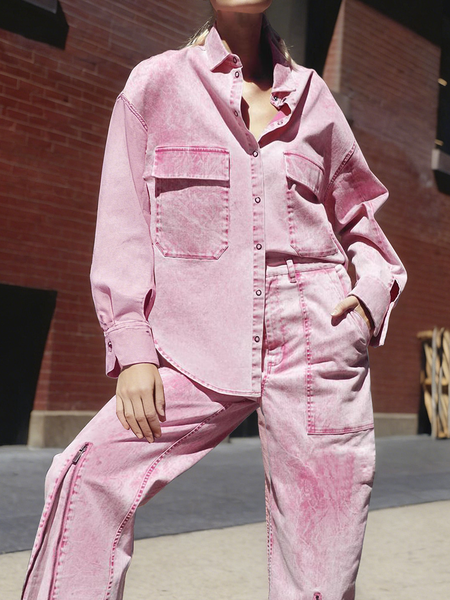 

Urban Plain Shirt Collar Denim Shirt, Pink, Blouses and Shirts