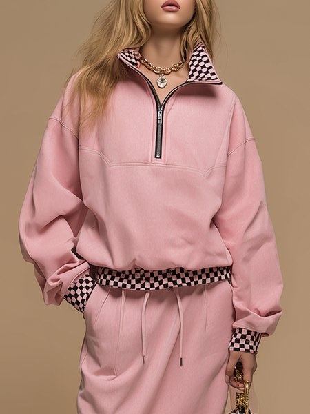

Casual Checkerboard Grid Zipper Sweatshirt, Pink, Hoodies and Sweatshirts