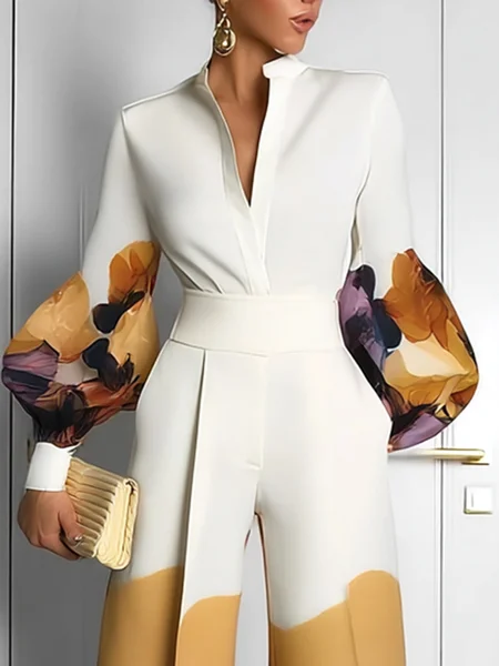 

Elegant Random Print Printing Stand Collar Balloon Sleeve Shirt, As picture, Blouses and Shirts