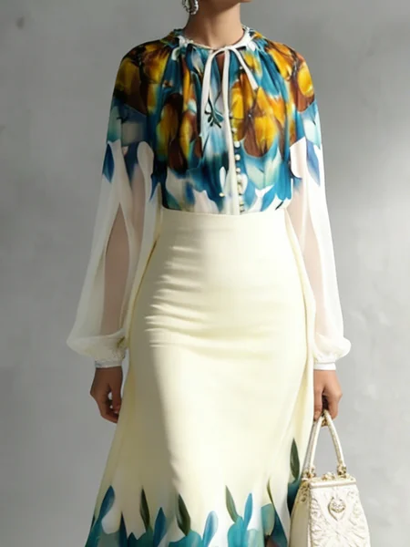 

Vacation Floral Crew Neck Blouse, As picture, Blouses and Shirts