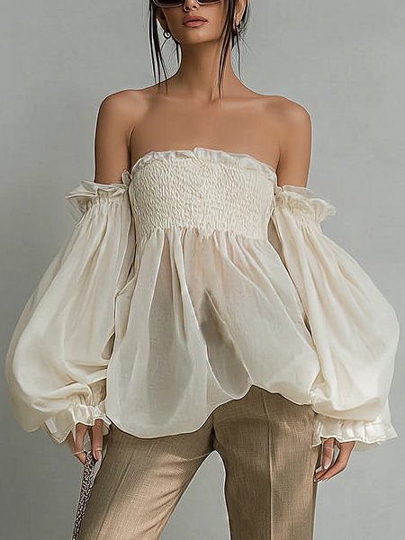 

Elegant Plain Scramble Strapless Balloon Sleeve Blouse, Apricot, Blouses and Shirts