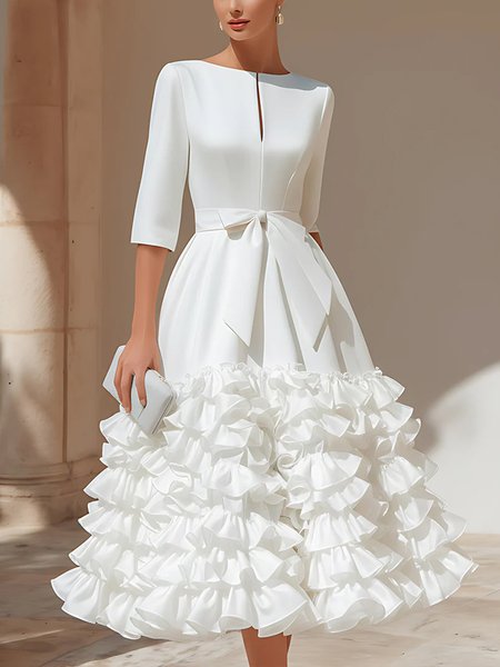 Elegant Plain Folds Peplum Notched Party Midi Dress With Belt