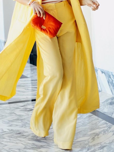 

Cotton And Linen Casual Plain Straight Pants, Yellow, Pants