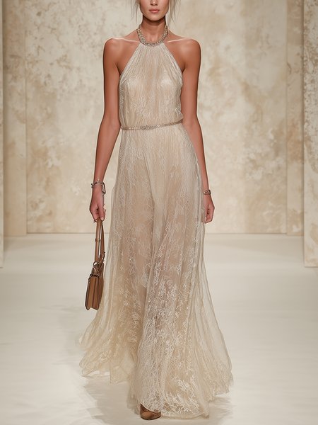 

Elegant Plain Halter Midi Dress With Belt, Apricot, Cocktail Dresses