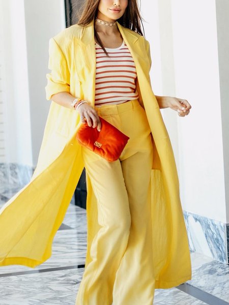 

Cotton And Linen Casual Shoulder Pad Plain Lapel Collar Trench Coat, Yellow, Coats