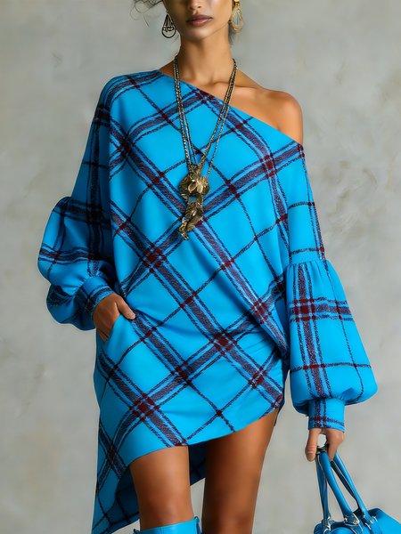 

Elegant Plaid Printing Stand Collar Mini Dress, Blue, Mini Dresses