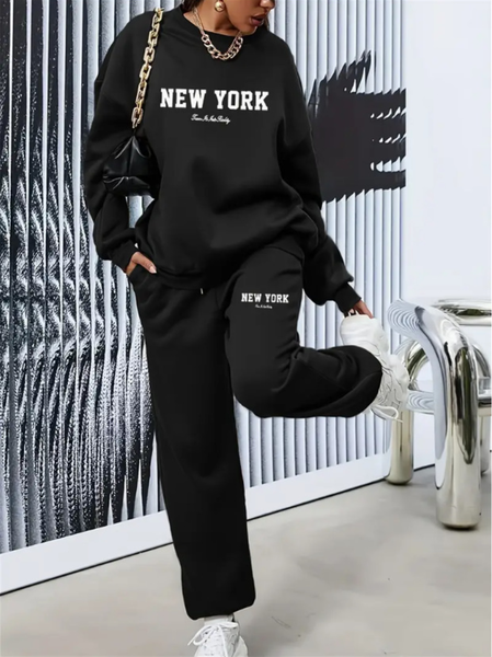 

Women Letter Pattern Two-Piece Set Daily Long Sleeve Casual Spring/Fall Top With Pants Matching Set, Black, Sets