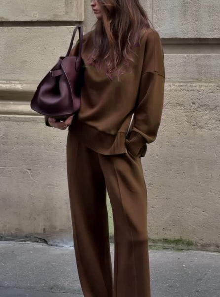 

Women Plain Two-Piece Set Daily Long Sleeve Casual Spring/Fall Top With Pants Matching Set, Coffee, Sets