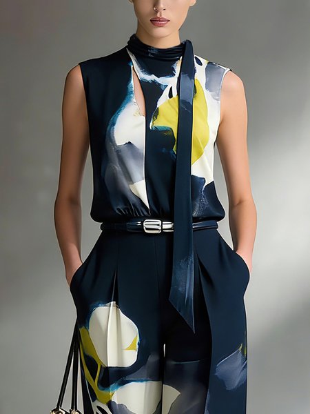 

Urban Floral Printing Stand Collar Tank Top With Scarf, As picture, Tanks and Camis