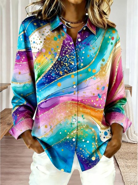 

Shawl Collar Long Sleeve Abstract Regular Loose Shirt For Women, Multicolor, Shirts