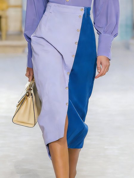 

Urban Buttoned Color Block Midi Skirt, Purple, Skirts