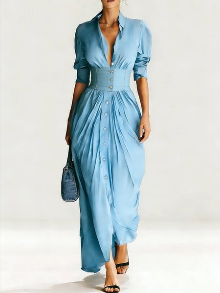 

Casual Plain Buttoned Shirt Collar Maxi Dress No Belt, Blue, Maxi Dresses
