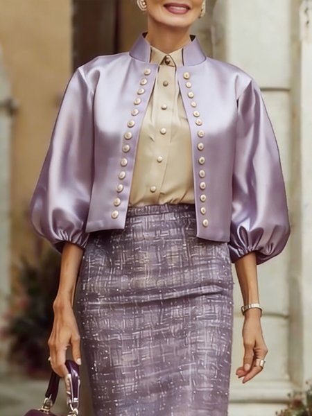 

Urban Buttoned Plain Stand Collar Jacket, Purple, Jackets