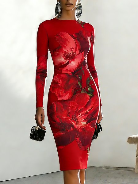 

Elegant Floral Printing Crew Neck Knee Length Dress, Red, Midi Dresses