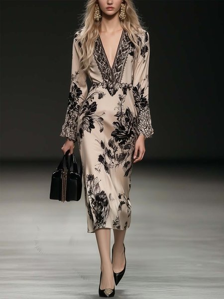 

Elegant Floral Printing V Neck Midi Dress, As picture, Midi Dresses