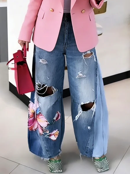 

Denim Floral Ripped Urban Jeans, Blue, Jeans