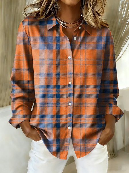 

Shirt Collar Long Sleeve Plaid Regular Loose Shirt For Women, Orange, Shirts