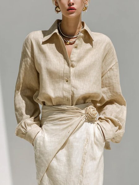 Cotton And Linen Casual Plain Shirt Collar Raglan Sleeves Shirt