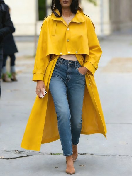 

Urban Buttoned Plain Shawl Collar Trench Coat, Yellow, Coats