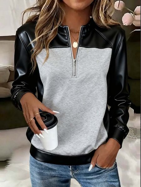 

Vintage Stand Collar Color Block Sweatshirt Split Joint, Gray, Hoodies & Sweatshirts