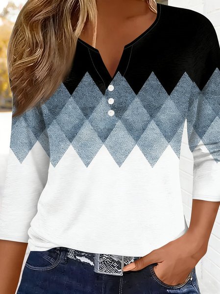 

Casual Geometric V Neck Long Sleeve T-shirt, Blue, T-shirts