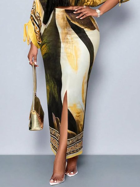 

Vacation Printing Botanical Pattern Midi Skirt, As picture, Skirts