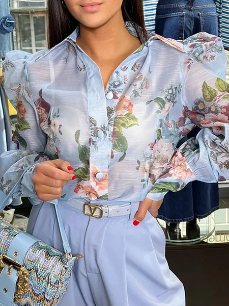 

Vacation Floral Printing Shirt Collar Puff Sleeve Shirt, As picture, Blouses and Shirts