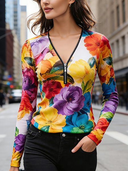 

Elegant Floral Printing T-shirt, As picture, Tees