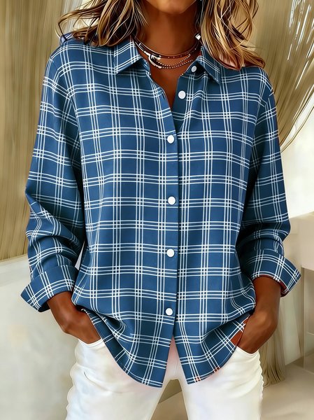 

Shirt Collar Long Sleeve Plaid Regular Loose Shirt For Women, Blue, Shirts