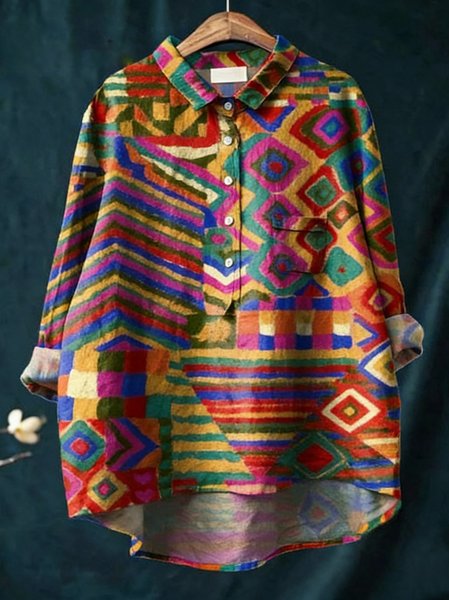 Shawl Collar Long Sleeve Geometric Regular Loose Shirt For Women
