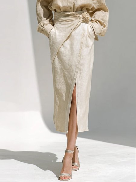 

Cotton And Linen 3D Floral Casual Plain Midi Skirt, Apricot, Skirts