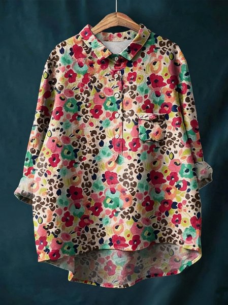 

Shawl Collar Long Sleeve Floral Pattern Regular Loose Shirt For Women, As picture, Shirts