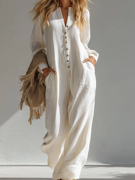 

Casual Plain Crew Neck Cotton and linen Jumpsuit, Off white, Jumpsuits