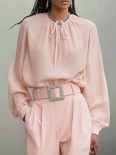 

Elegant Plain Crew Neck Blouse, Pink, Blouses and Shirts